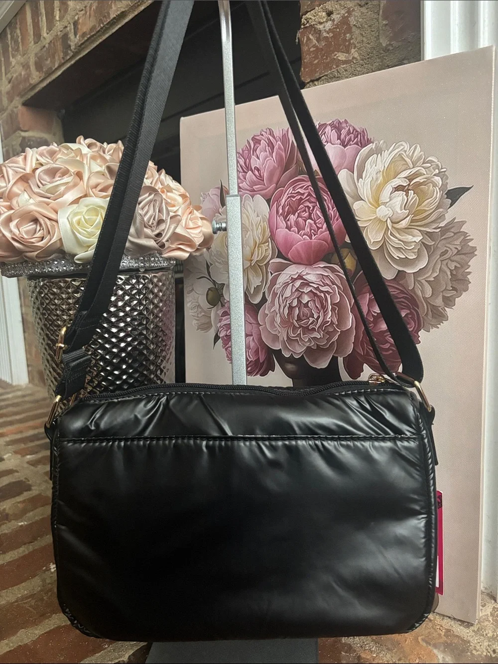 Juicy Couture Black Quilted Patent Crossbody with Gold Hardware